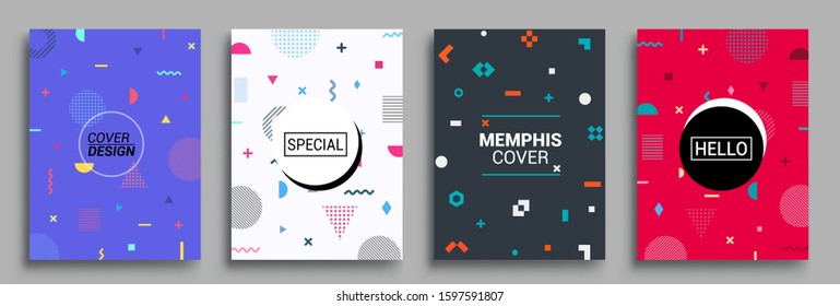 Memphis Style Poster Set. Halftone and geometric shapes patterns. Flat style Abstract Vector Design ideal for Banner, Web, Promotion, Placard and Billboard.