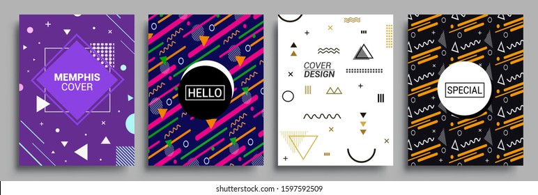 Memphis Style Poster Set. Halftone and geometric shapes patterns. Flat style Abstract Vector Design ideal for Banner, Web, Promotion, Placard and Billboard.
