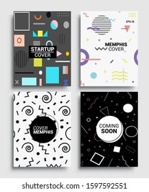 Memphis Style Poster Set. Halftone and geometric shapes patterns. Flat style Abstract Vector Design ideal for Banner, Web, Promotion, Placard and Billboard.