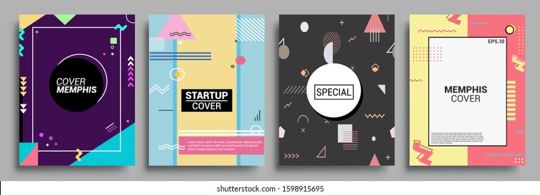 Memphis Style Poster Set. Halftone and geometric shapes patterns. Flat style Abstract Vector Design ideal for Banner, Web, Promotion, Placard and Billboard.