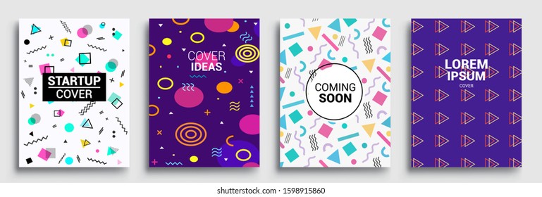 Memphis Style Poster Set. Halftone and geometric shapes patterns. Flat style Abstract Vector Design ideal for Banner, Web, Promotion, Placard and Billboard.