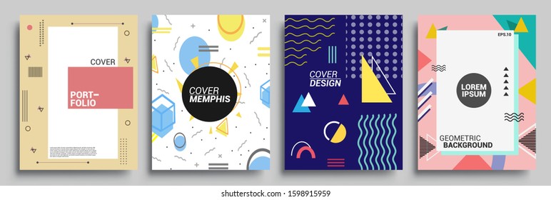 Memphis Style Poster Set. Halftone and geometric shapes patterns. Flat style Abstract Vector Design ideal for Banner, Web, Promotion, Placard and Billboard.