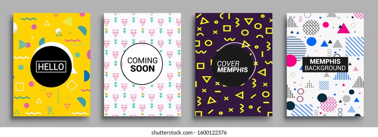 Memphis Style Poster Set. Halftone and geometric shapes patterns. Flat style Abstract Vector Design ideal for Banner, Web, Promotion, Placard and Billboard.