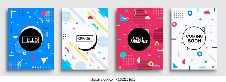 Memphis Style Poster Set. Halftone and geometric shapes patterns. Flat style Abstract Vector Design ideal for Banner, Web, Promotion, Placard and Billboard.
