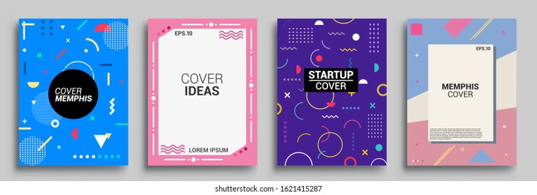 Memphis Style Poster Set. Halftone and geometric shapes patterns. Flat style Abstract Vector Design ideal for Banner, Web, Promotion, Placard and Billboard.