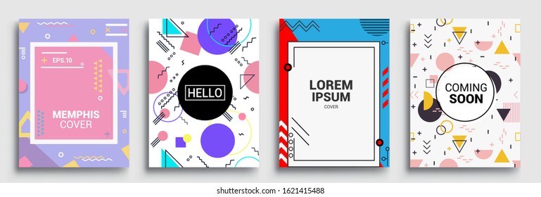 Memphis Style Poster Set. Halftone and geometric shapes patterns. Flat style Abstract Vector Design ideal for Banner, Web, Promotion, Placard and Billboard.