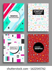 Memphis Style Poster Set. Halftone and geometric shapes patterns. Flat style Abstract Vector Design ideal for Banner, Web, Promotion, Placard and Billboard.