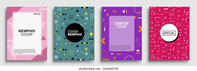 Memphis Style Poster Set. Halftone and geometric shapes patterns. Flat style Abstract Vector Design ideal for Banner, Web, Promotion, Placard and Billboard.