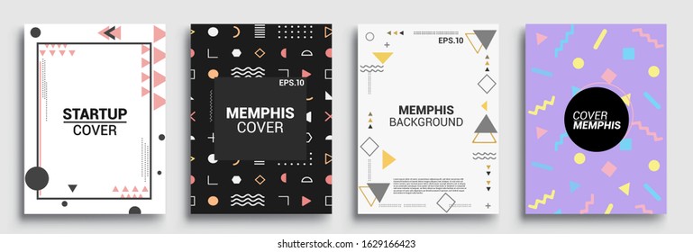 Memphis Style Poster Set. Halftone and geometric shapes patterns. Flat style Abstract Vector Design ideal for Banner, Web, Promotion, Placard and Billboard.