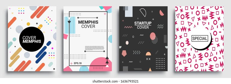 Memphis Style Poster Set. Halftone and geometric shapes patterns. Flat style Abstract Vector Design ideal for Banner, Web, Promotion, Placard and Billboard.