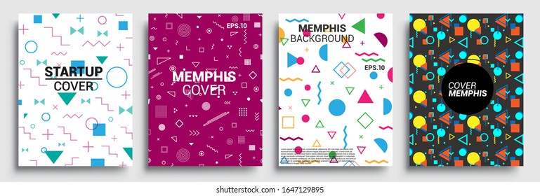 Memphis Style Poster Set. Halftone and geometric shapes patterns. Flat style Abstract Vector Design ideal for Banner, Web, Promotion, Placard and Billboard.