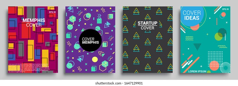 Memphis Style Poster Set. Halftone and geometric shapes patterns. Flat style Abstract Vector Design ideal for Banner, Web, Promotion, Placard and Billboard.