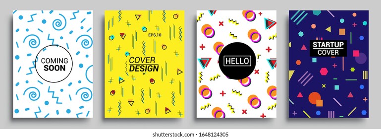 Juego de afiches de estilo Memphis. Modalidades de semitonos y formas geométricas. Diseño de vectores abstractos de estilo plano ideal para banner, web, promoción, placa y cartón.