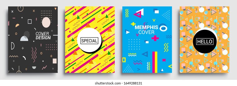 Memphis Style Poster Set. Halftone and geometric shapes patterns. Flat style Abstract Vector Design ideal for Banner, Web, Promotion, Placard and Billboard.