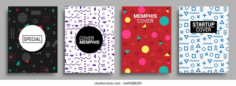 Memphis Style Poster Set. Halftone and geometric shapes patterns. Flat style Abstract Vector Design ideal for Banner, Web, Promotion, Placard and Billboard.
