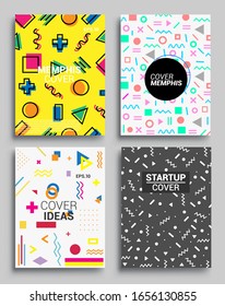 Memphis Style Poster Set. Halftone and geometric shapes patterns. Flat style Abstract Vector Design ideal for Banner, Web, Promotion, Placard and Billboard.
