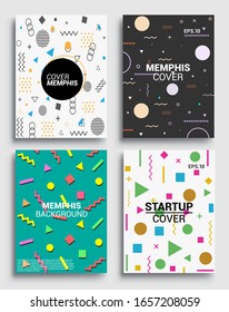 Memphis Style Poster Set. Halftone and geometric shapes patterns. Flat style Abstract Vector Design ideal for Banner, Web, Promotion, Placard and Billboard.