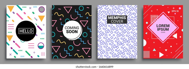 Juego de afiches de estilo Memphis. Modalidades de semitonos y formas geométricas. Diseño de vectores abstractos de estilo plano ideal para banner, web, promoción, placa y cartón.