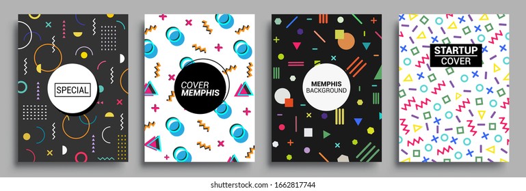 Memphis Style Poster Set. Halftone and geometric shapes patterns. Flat style Abstract Vector Design ideal for Banner, Web, Promotion, Placard and Billboard.