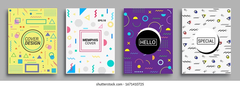 Memphis Style Poster Set. Halftone and geometric shapes patterns. Flat style Abstract Vector Design ideal for Banner, Web, Promotion, Placard and Billboard.