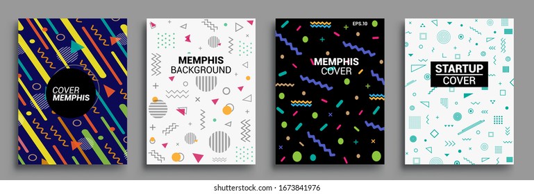 Memphis Style Poster Set. Halftone and geometric shapes patterns. Flat style Abstract Vector Design ideal for Banner, Web, Promotion, Placard and Billboard.