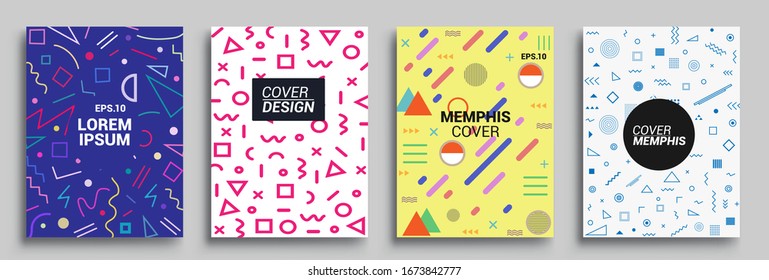 Memphis Style Poster Set. Halftone and geometric shapes patterns. Flat style Abstract Vector Design ideal for Banner, Web, Promotion, Placard and Billboard.