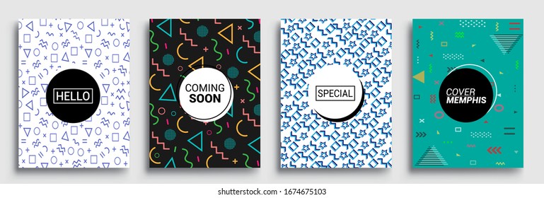 Juego de afiches de estilo Memphis. Modalidades de semitonos y formas geométricas. Diseño de vectores abstractos de estilo plano ideal para banner, web, promoción, placa y cartón.