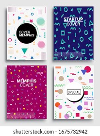 Memphis Style Poster Set. Halftone and geometric shapes patterns. Flat style Abstract Vector Design ideal for Banner, Web, Promotion, Placard and Billboard.