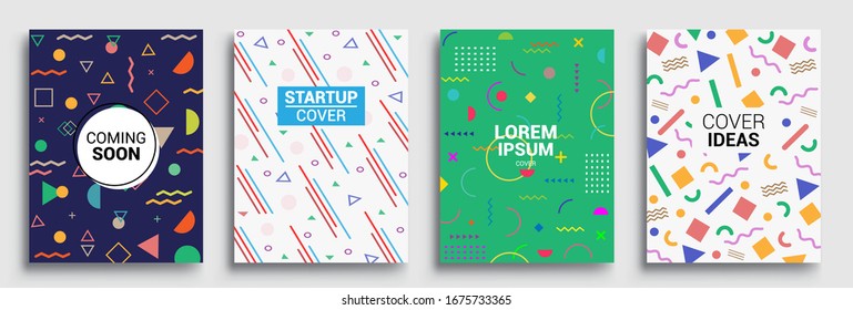 Juego de afiches de estilo Memphis. Modalidades de semitonos y formas geométricas. Diseño de vectores abstractos de estilo plano ideal para banner, web, promoción, placa y cartón.