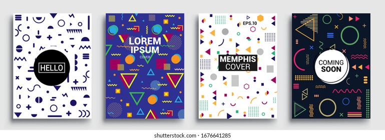 Memphis Style Poster Set. Halftone and geometric shapes patterns. Flat style Abstract Vector Design ideal for Banner, Web, Promotion, Placard and Billboard.