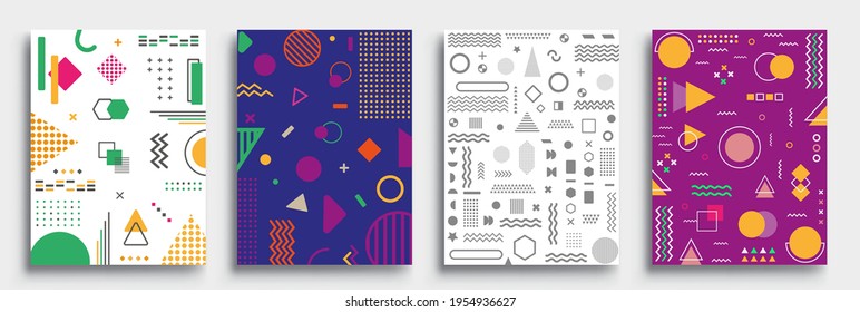 Conjunto de afiches de estilo Memphis. Patrones de semitono y formas geométricas. Diseño de vectores abstractos de estilo plano ideal para banner, web, promoción, placa y cartón.