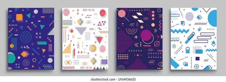 Conjunto de afiches de estilo Memphis. Patrones de semitono y formas geométricas. Diseño de vectores abstractos de estilo plano ideal para banner, web, promoción, placa y cartón.