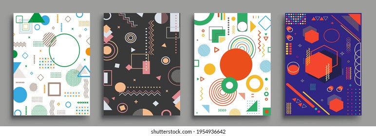 Memphis Style Poster Set. Halftone and geometric shapes patterns. Flat style Abstract Vector Design ideal for Banner, Web, Promotion, Placard and Billboard.