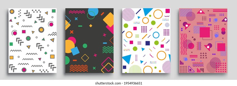 Conjunto de afiches de estilo Memphis. Patrones de semitono y formas geométricas. Diseño de vectores abstractos de estilo plano ideal para banner, web, promoción, placa y cartón.