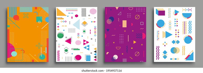 Conjunto de afiches de estilo Memphis. Patrones de semitono y formas geométricas. Diseño de vectores abstractos de estilo plano ideal para banner, web, promoción, placa y cartón.
