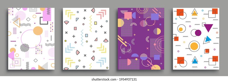 Conjunto de afiches de estilo Memphis. Patrones de semitono y formas geométricas. Diseño de vectores abstractos de estilo plano ideal para banner, web, promoción, placa y cartón.