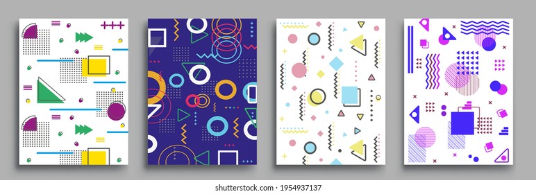 Conjunto de afiches de estilo Memphis. Patrones de semitono y formas geométricas. Diseño de vectores abstractos de estilo plano ideal para banner, web, promoción, placa y cartón.