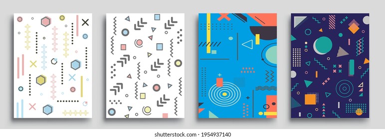 Memphis Style Poster Set. Halbtonmuster und geometrische Formen. Abstraktes, flaches Vektordesign ideal für Banner, Web, Promotion, Plakat und Reklametafeln.