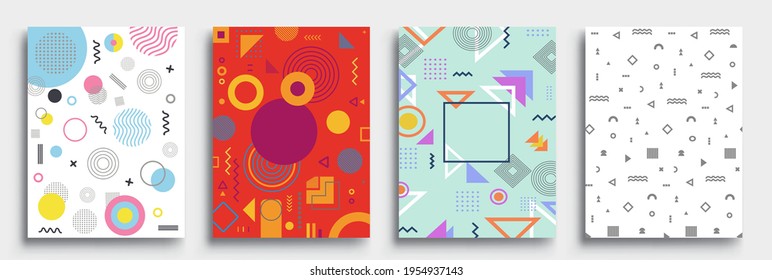 Memphis Style Poster Set. Halftone and geometric shapes patterns. Flat style Abstract Vector Design ideal for Banner, Web, Promotion, Placard and Billboard.