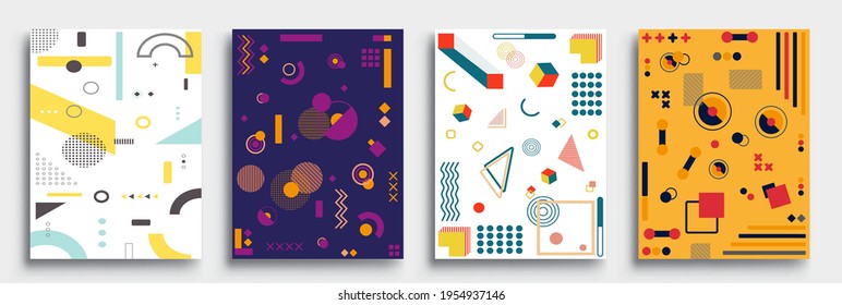 Memphis Style Poster Set. Halftone and geometric shapes patterns. Flat style Abstract Vector Design ideal for Banner, Web, Promotion, Placard and Billboard.