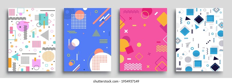 Memphis Style Poster Set. Halftone and geometric shapes patterns. Flat style Abstract Vector Design ideal for Banner, Web, Promotion, Placard and Billboard.