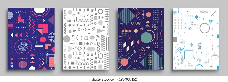 Memphis Style Poster Set. Halftone and geometric shapes patterns. Flat style Abstract Vector Design ideal for Banner, Web, Promotion, Placard and Billboard.