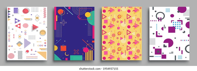 Memphis Style Poster Set. Halftone and geometric shapes patterns. Flat style Abstract Vector Design ideal for Banner, Web, Promotion, Placard and Billboard.