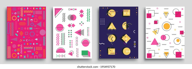 Memphis Style Poster Set. Halftone and geometric shapes patterns. Flat style Abstract Vector Design ideal for Banner, Web, Promotion, Placard and Billboard.