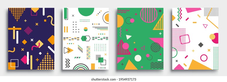 Memphis Style Poster Set. Halbtonmuster und geometrische Formen. Abstraktes, flaches Vektordesign ideal für Banner, Web, Promotion, Plakat und Reklametafeln.