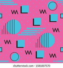 Memphis style repeat seamless pattern of geometric shapes blue with pink background.