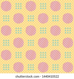 Memphis Style Retro 80s and 90s Vector Seamless Repeat Pattern with Circles, Polka Dots and Line in Yellow, Pink, Green and Blue. Perfect for Fashion, Textiles, Web Design and Fabric.