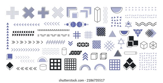 Memphis style, retro elements for banner, poster, billboard and sale. Vintage collection trendy geometric shapes. Memphis geometric print illustration elements. Set of purple black geometric shapes.