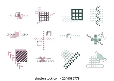 Memphis style, retro elements for banner, poster, billboard and sale. Vintage collection trendy geometric shapes. Memphis geometric art composition. Modern geometric decorative illustrations set.