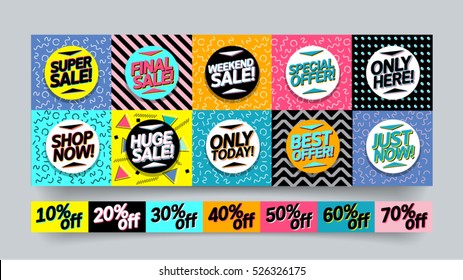 Memphis style Sale stickers and mobile banners coupon set. Colorful vector illustrations for online shopping, product promotions, website and mobile website badges, ads, print material.